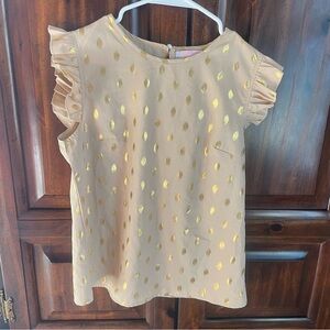 Tan Ruffled Cap Sleeve Blouse with Gold Embellishments